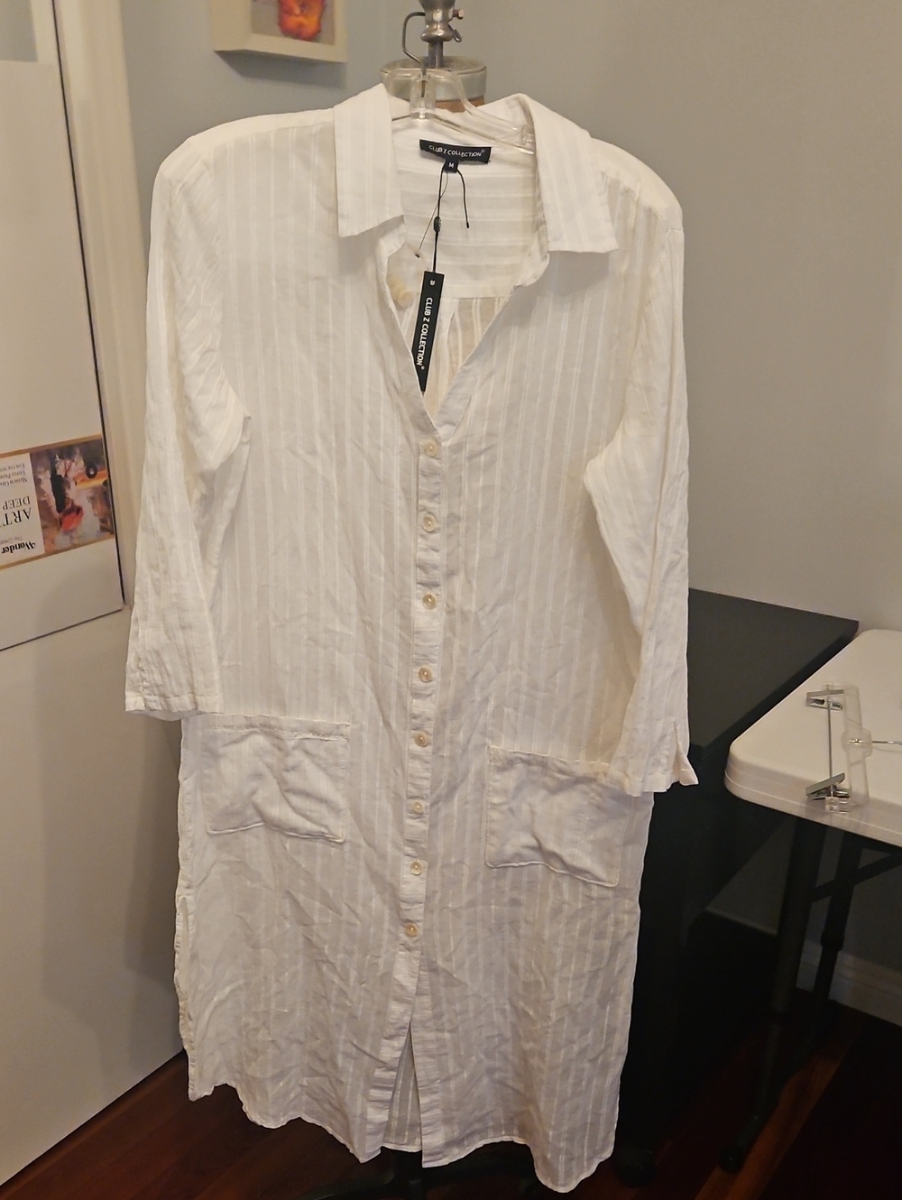 White Button-Front Midi Shirt Dress with Patch Pockets